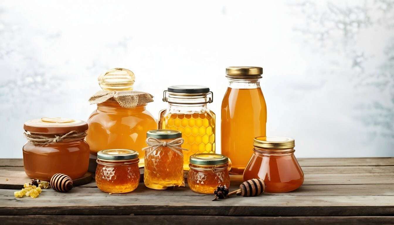 Assorted jars of raw honey on a rustic wooden table.