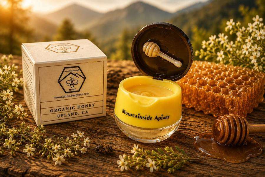 Mountainside Apiary lip balm with box, honeycomb, and small honey spoon in the lid.