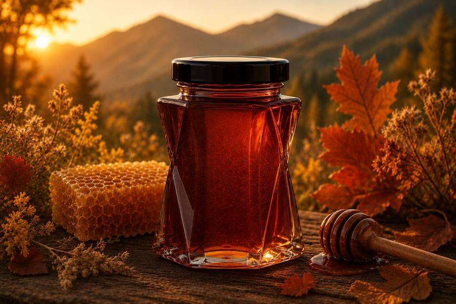 Mountain Amber Reserve honey jar with autumn leaves and honeycomb.