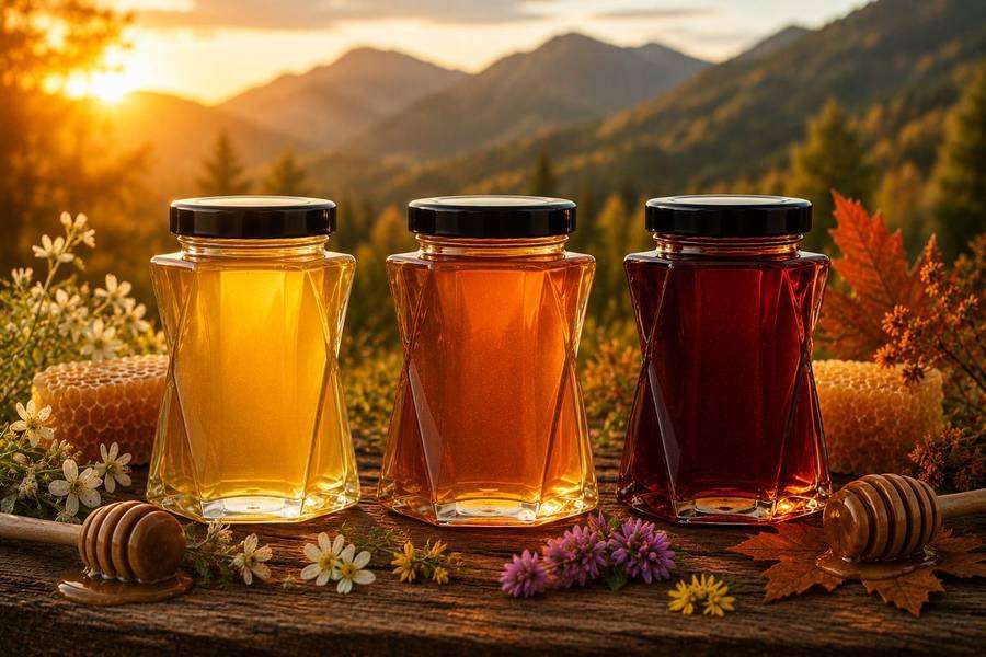 Three seasonal Mountainside Reserve honey jars on a rustic table with mountain scenery.