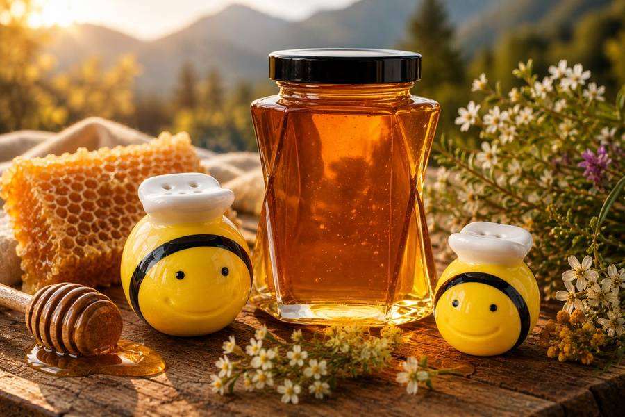 Honeybee salt and pepper shaker set with two ceramic bee shakers.