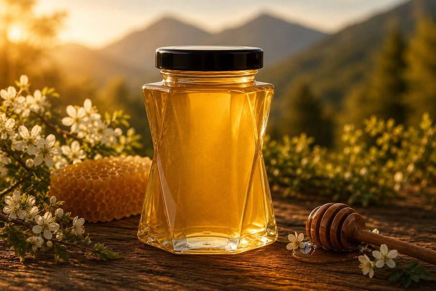 Spring Blossom Reserve honey jar with spring flowers and honeycomb.