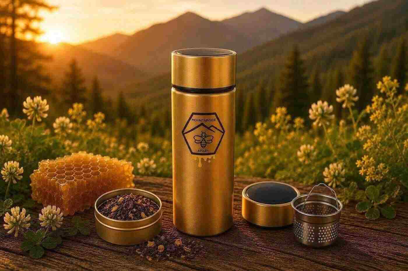Mountainside Apiary tea infuser bottle with tea and honeycomb in a mountain meadow.