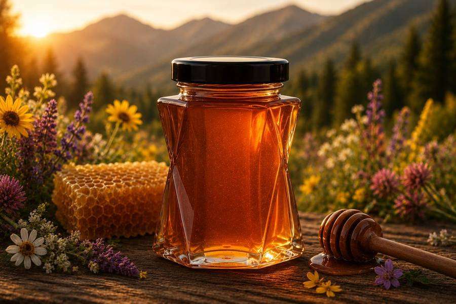 Wildflower Crest Reserve honey jar with summer wildflowers and honeycomb.