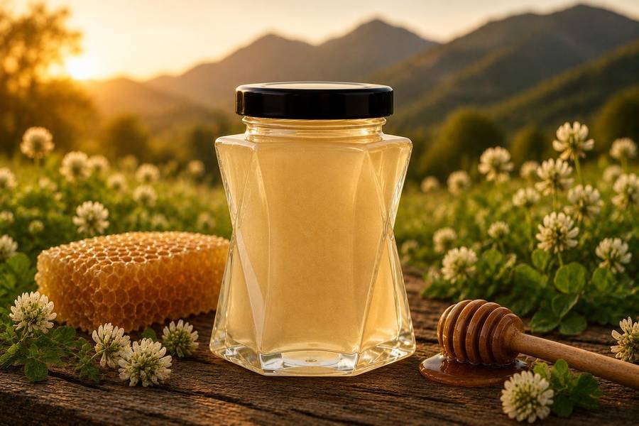 Wisconsin Clover Honey jar with clover flowers, honeycomb, and honey dipper.