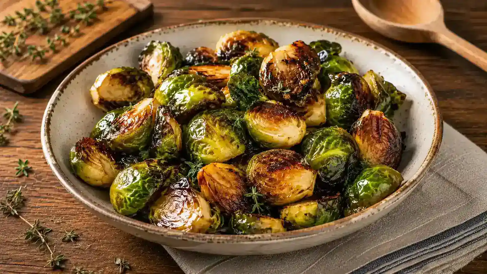 Honey balsamic roasted Brussel sprouts with fresh thyme