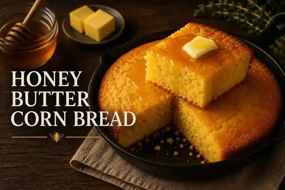 Honey butter cornbread baked in a cast-iron skillet
