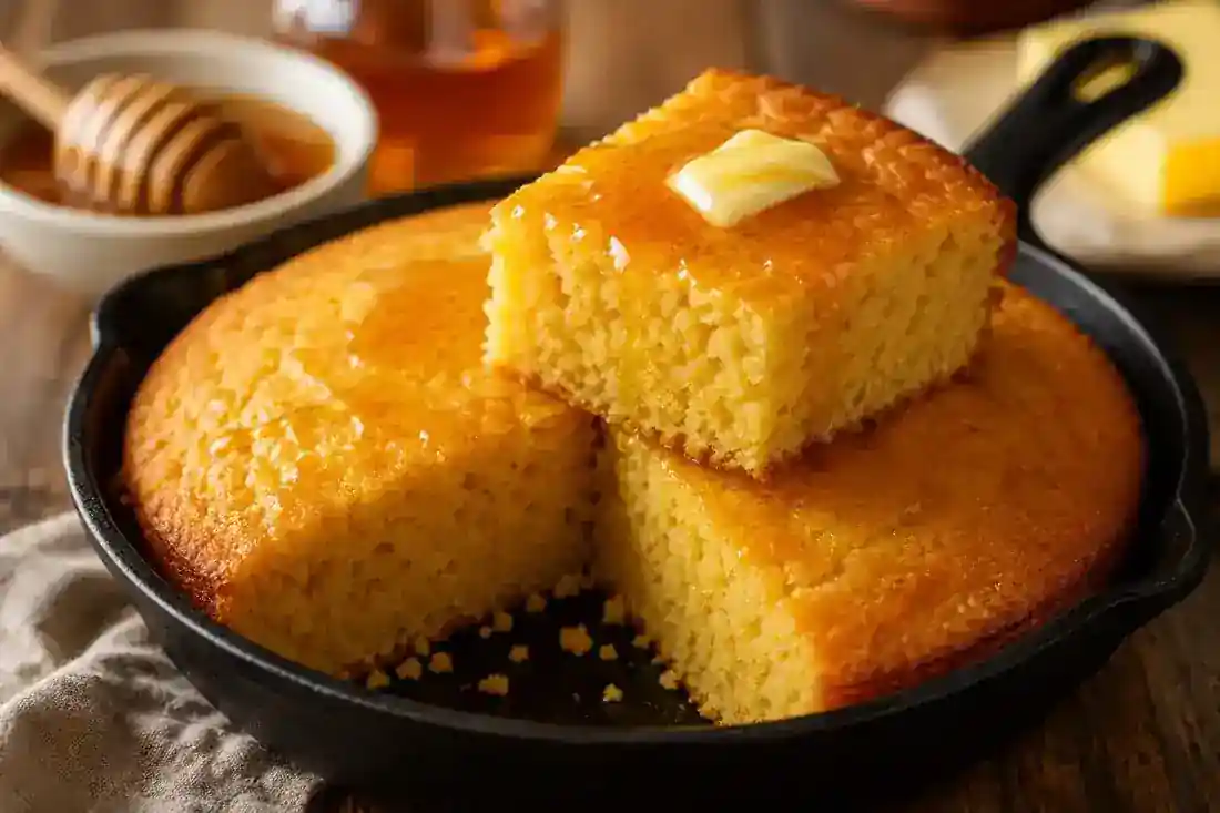 Honey butter cornbread baked in a cast-iron skillet