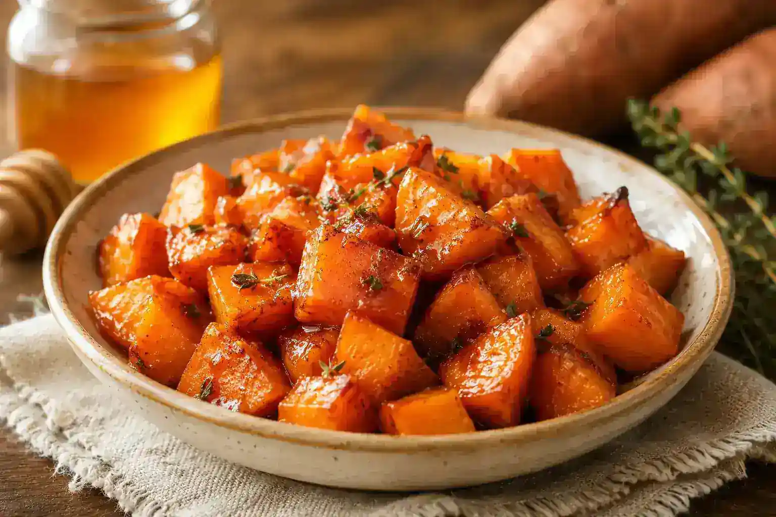 Honey cinnamon roasted sweet potatoes with thyme