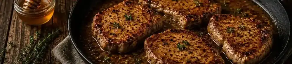 Honey Dijon pork chops in a golden honey mustard pan sauce