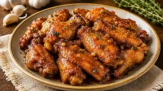 Honey garlic chicken wings with a glossy garlic glaze