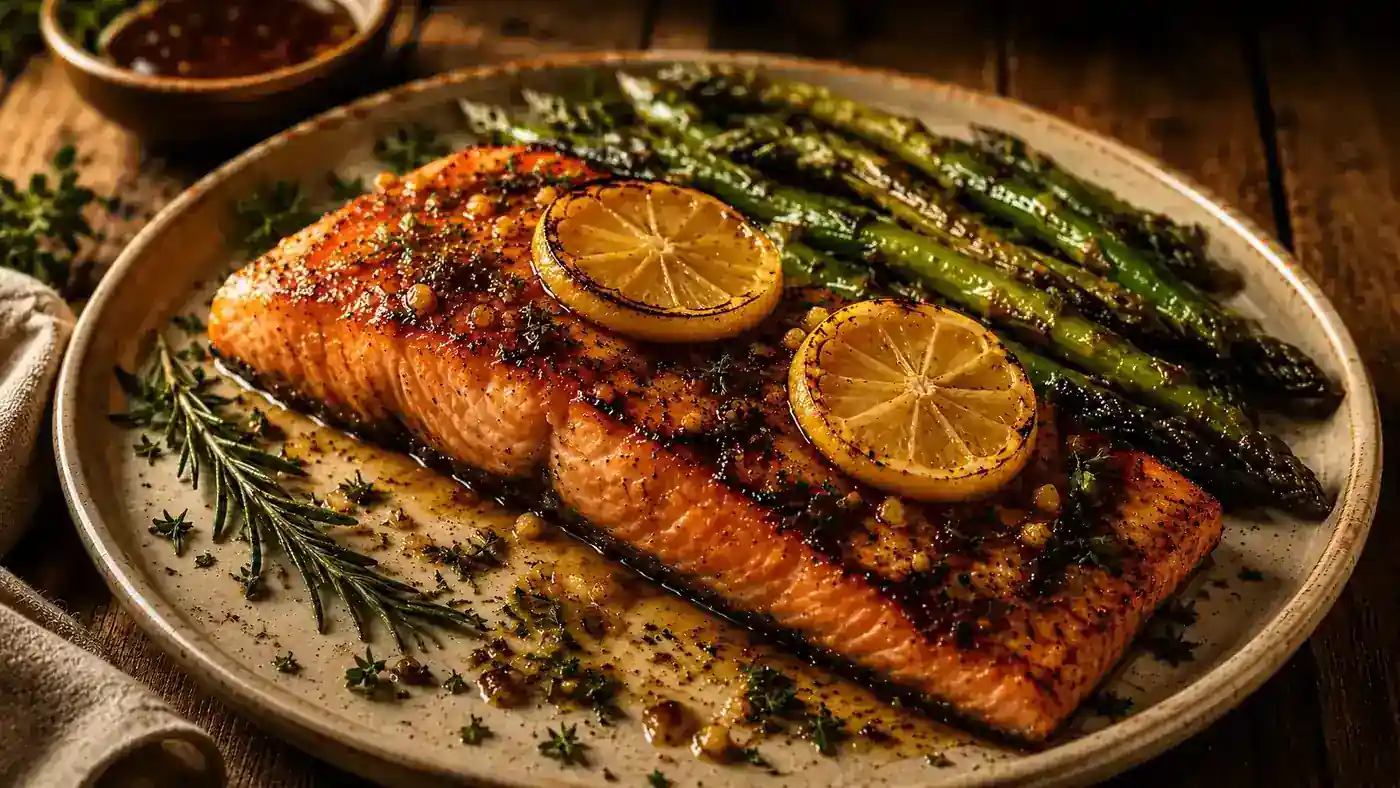Honey garlic salmon with roasted asparagus and lemon
