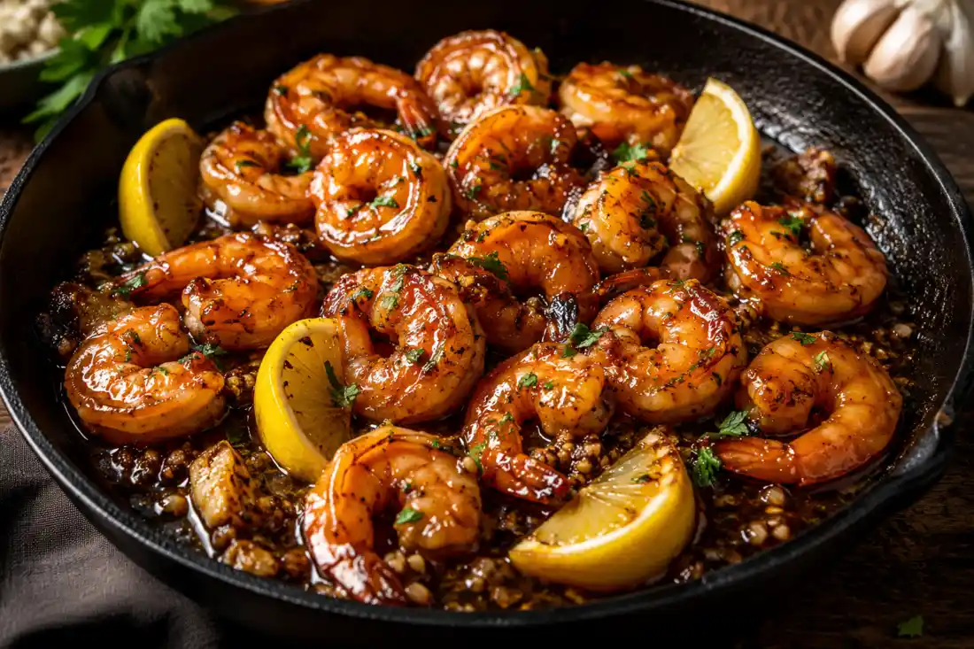 Honey garlic shrimp in a glossy glaze with lemon and parsley