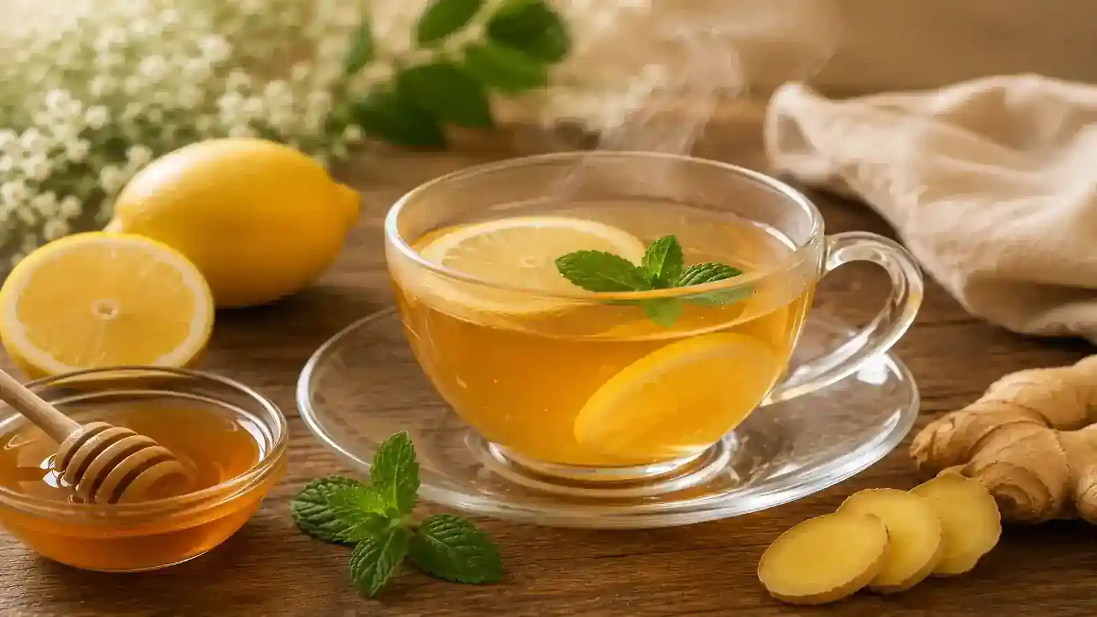 Honey lemon tea with fresh lemon, ginger, mint, and honey