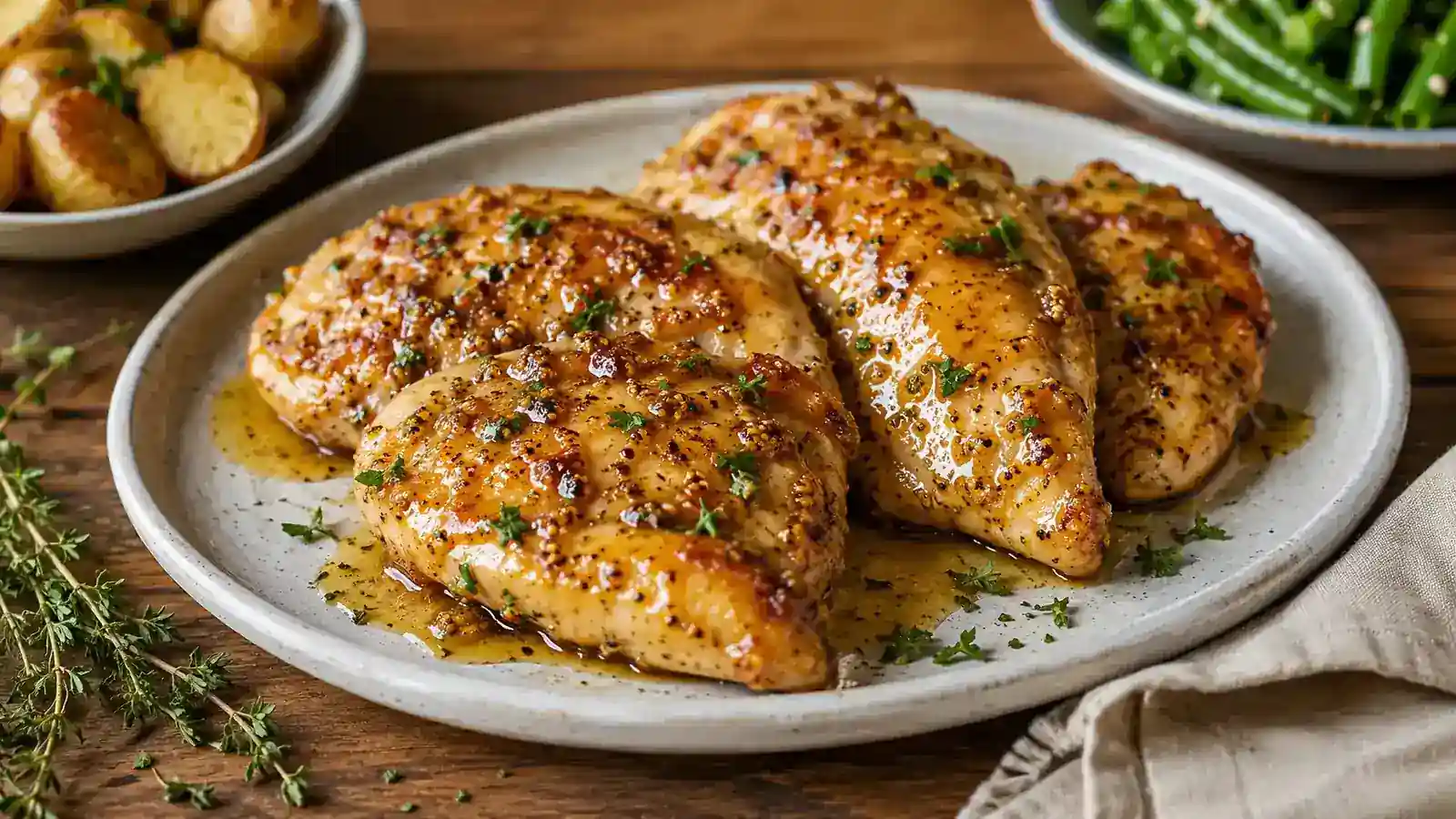 Honey mustard chicken with a glossy herb-flecked glaze