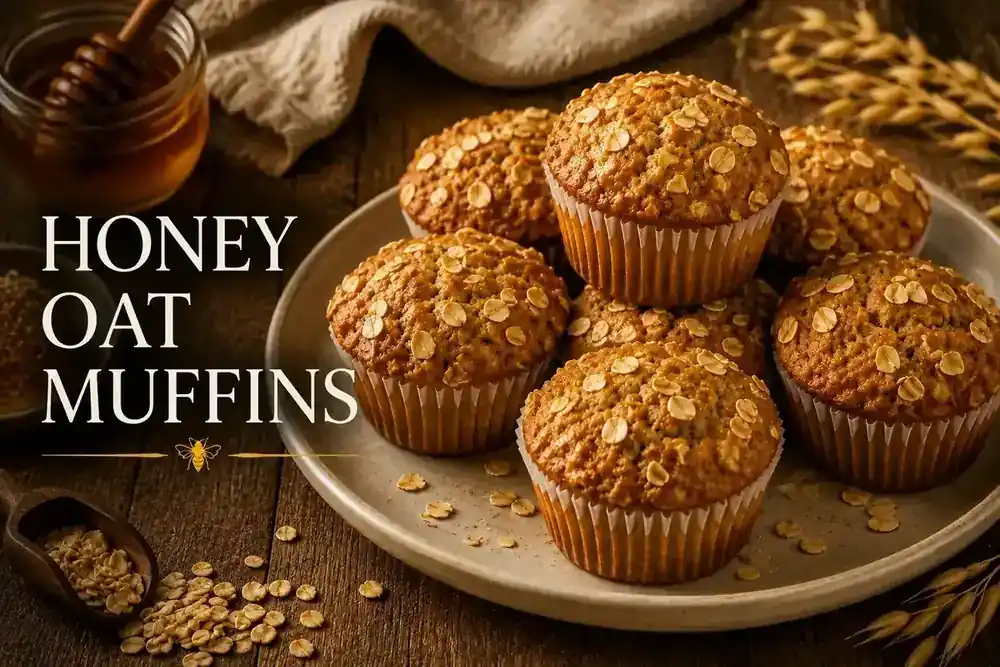 Honey oat breakfast muffins topped with rolled oats