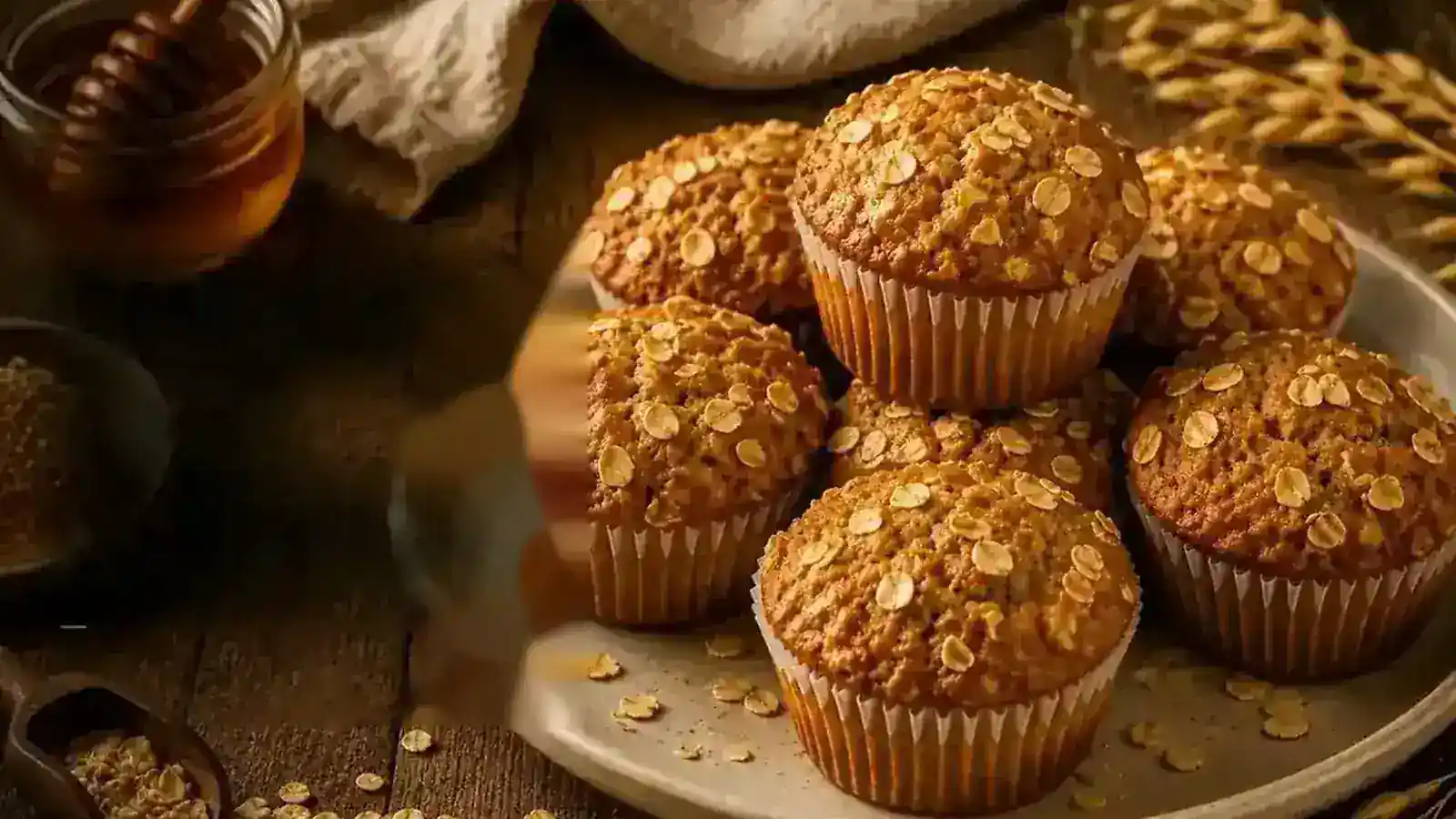 Honey oat breakfast muffins topped with rolled oats