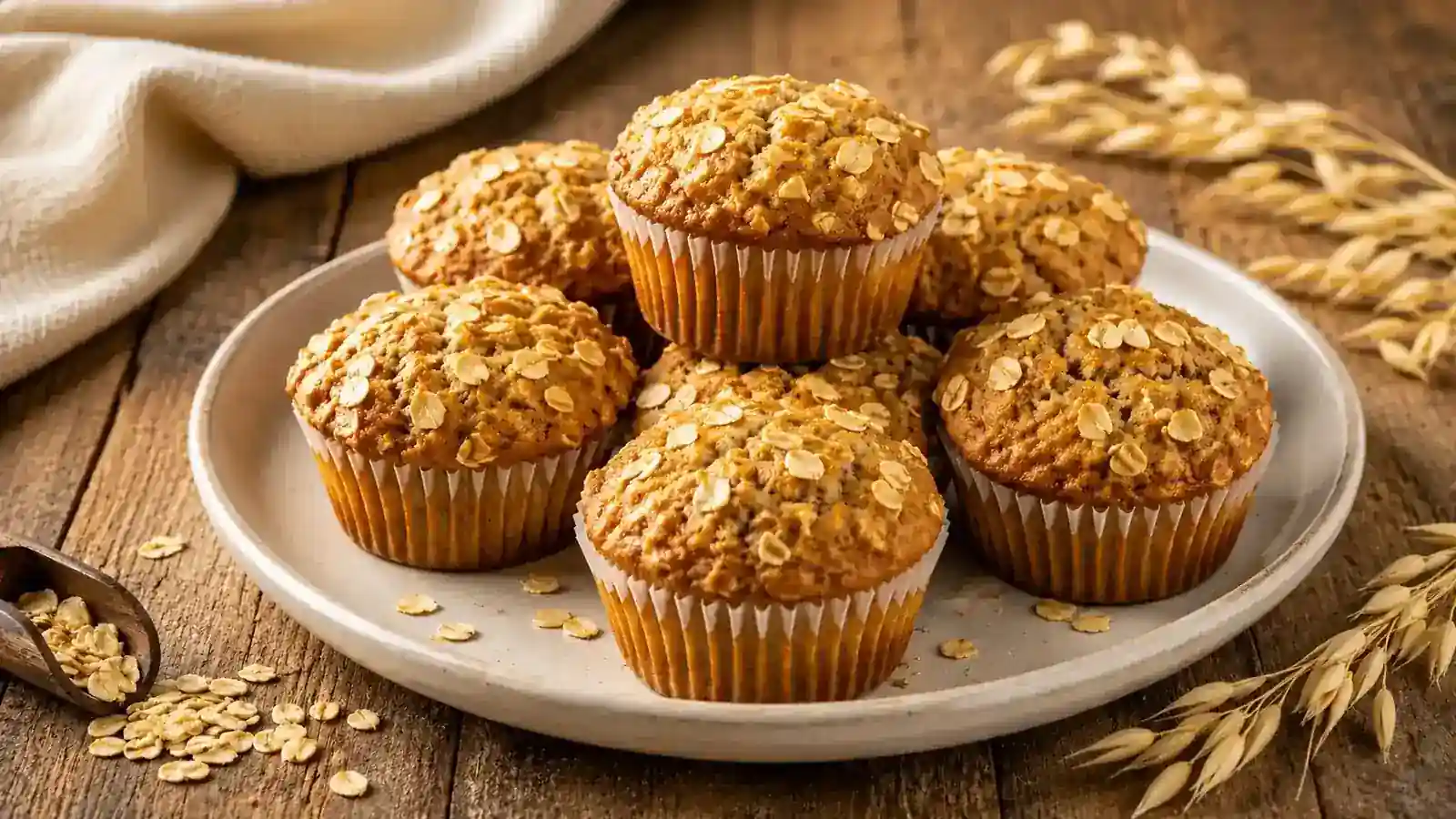 Honey oat breakfast muffins topped with rolled oats