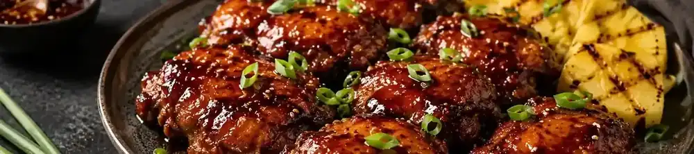 Honey teriyaki chicken with a glossy glaze, scallions, and grilled pineapple
