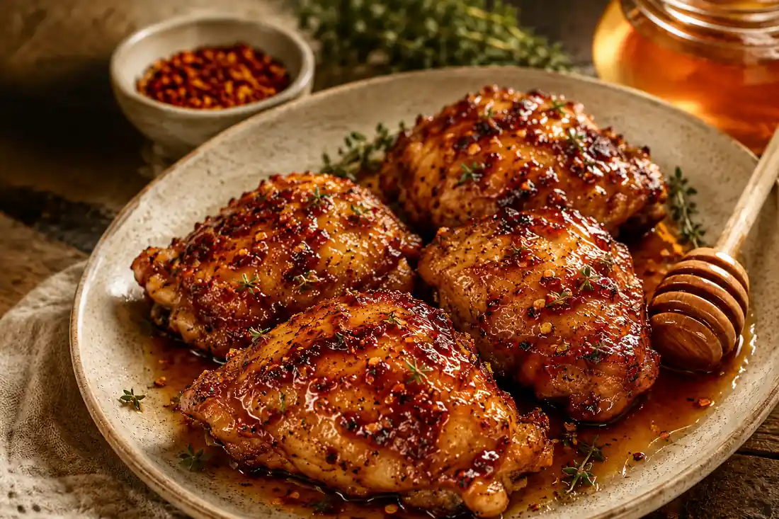 Hot honey chicken glazed with honey, chili, and herbs