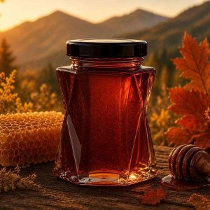 Mountain Amber Reserve honey jar with autumn leaves and honeycomb