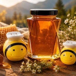 Honeybee salt and pepper shaker set with two ceramic bee shakers