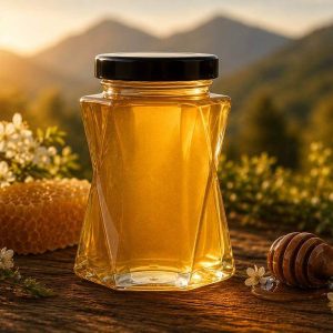 Spring Blossom Reserve honey jar with spring flowers and honeycomb