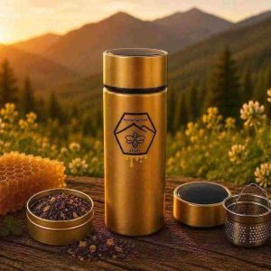 Mountainside Apiary tea infuser bottle with tea and honeycomb in a mountain meadow