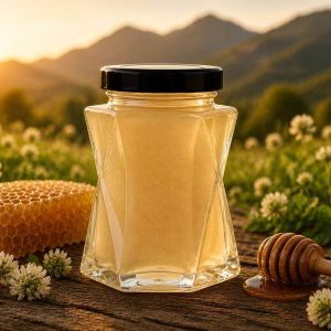 Wisconsin Clover Honey jar with clover flowers, honeycomb, and honey dipper